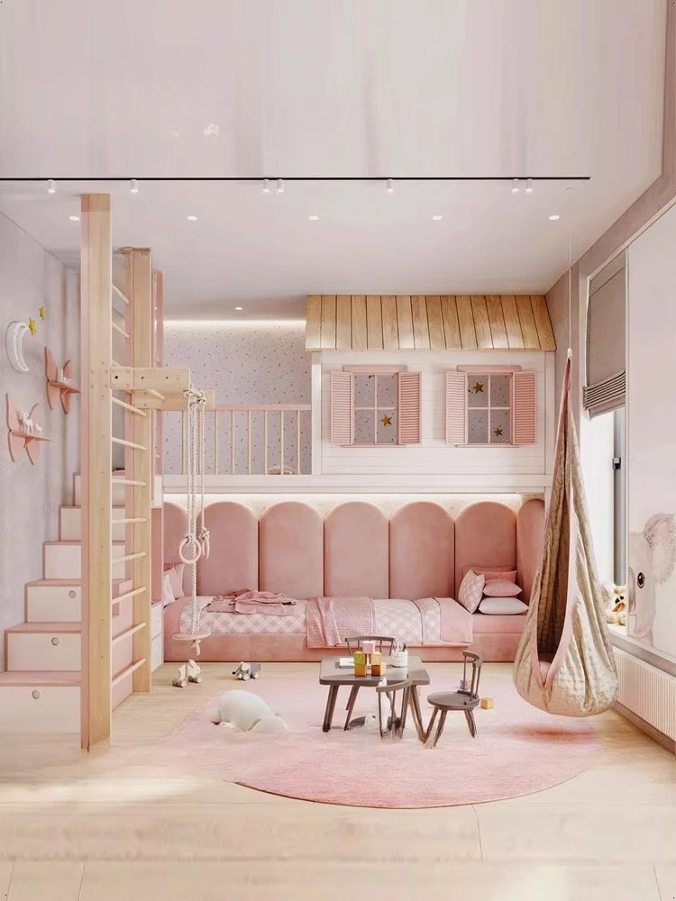 Tempat tidur putri dari kayu solid untuk anak-anak, tempat tidur multifungsi yang dapat diubah menjadi sofa, lucu.