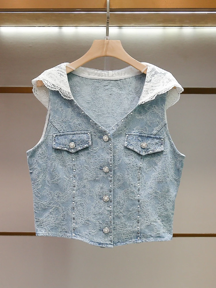 High End Women's Summer New Fashionable Lace Hooded Denim Vest+skirt Set