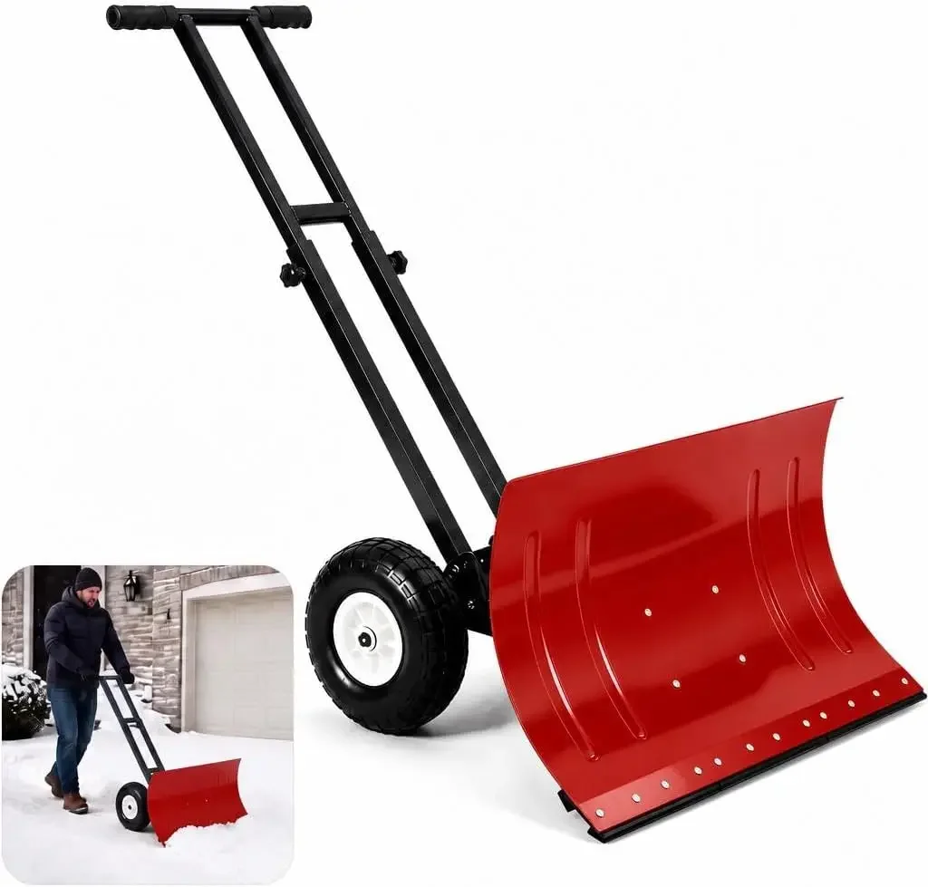 Heavy-Duty Wheeled Snow Shovel, 29-Inch Wide Rust-Resistant Alloy Blade, 10-Inch Puncture-Resistant Wheels, Ergonomic Dual-Handle Design, Red Wave Plate, Black Pole, White Hub
