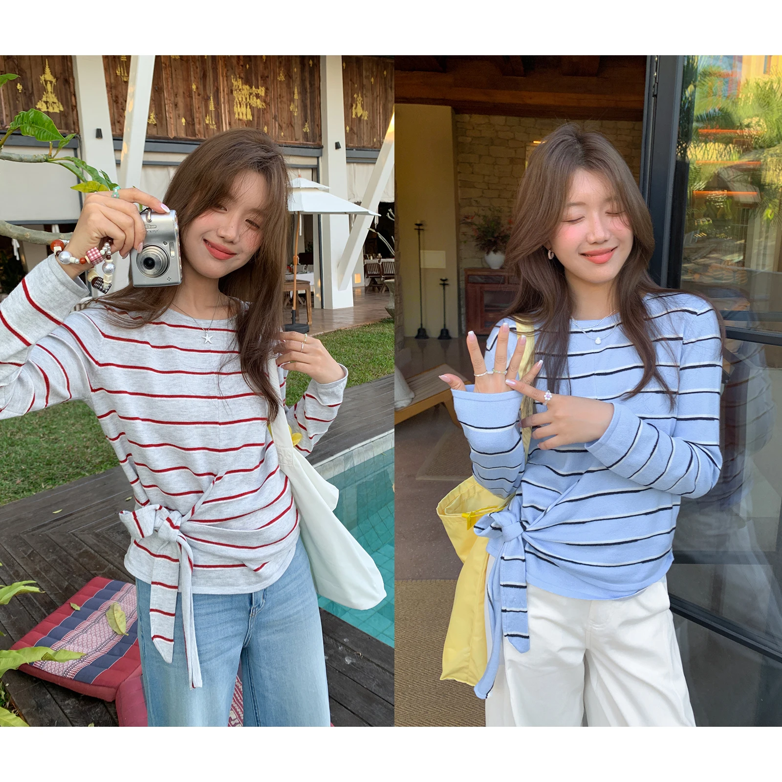 

Sisilyon Women's Knitted Woolen Top Belted Slim Fit Striped Lightweight Oxygenated Korean Sle Casual Long Sve irt