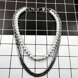 New Hip Hop Pearl and Cuban Link Chain Necklace for Men Women 316L Stainless Steel Jewelry Clavicle Heavy Thick Emo Punk DIY