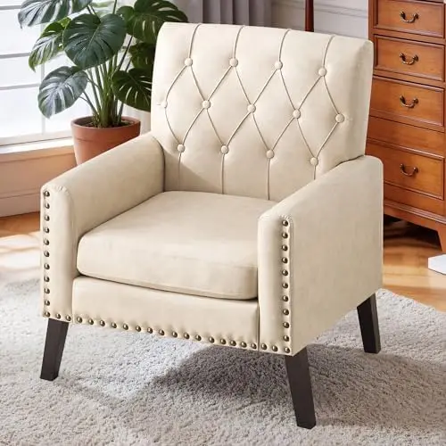 Faux Leather Accent Chair, Modern Upholstered Armchair with Button Tufted Back, Mid Century Comfy Club Chair with Wood