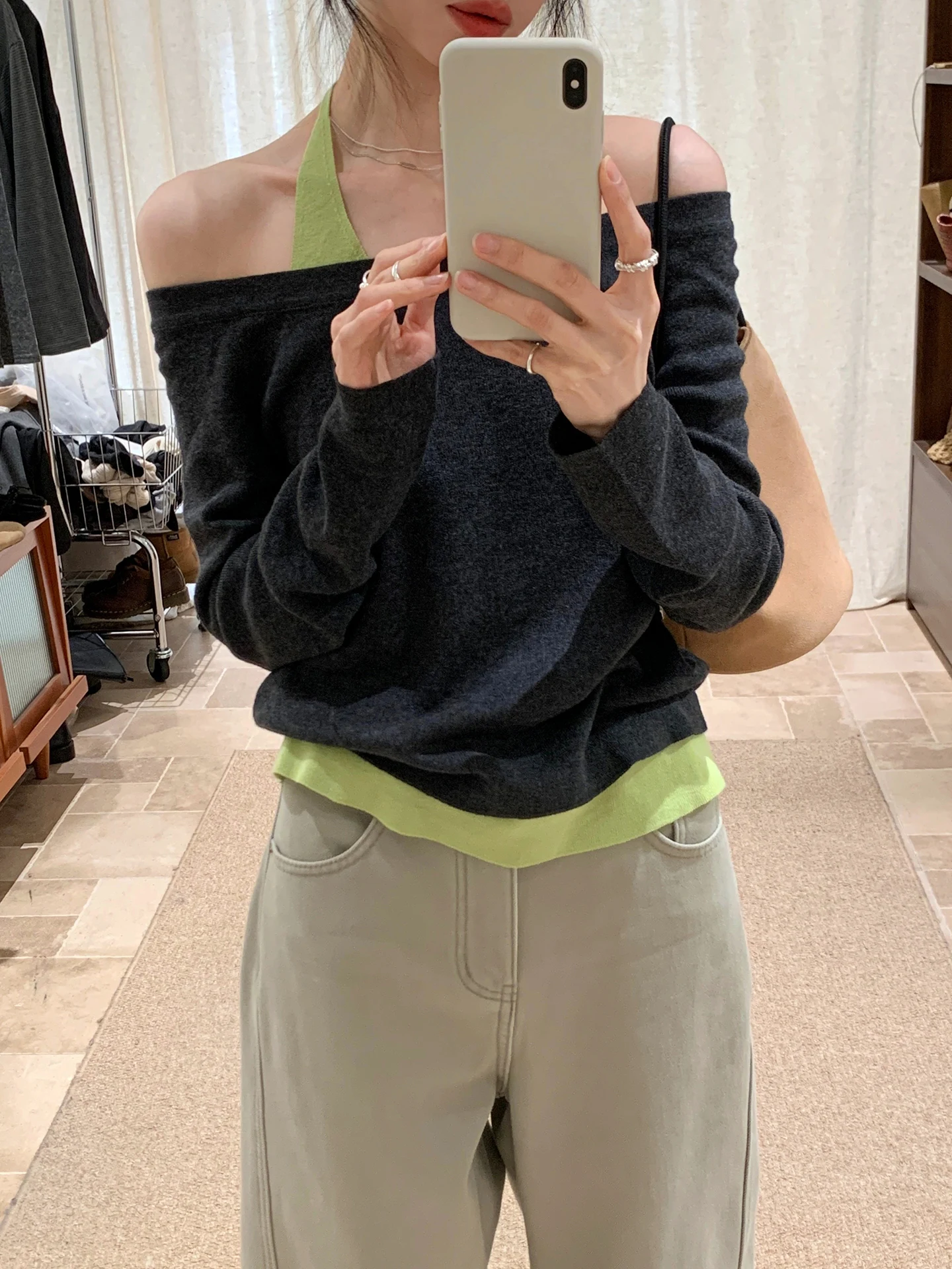 

BRIVIN Design Sensation Color Blo Knitted Sweater Women's Spring New One oulder Slimming Long Sve Top