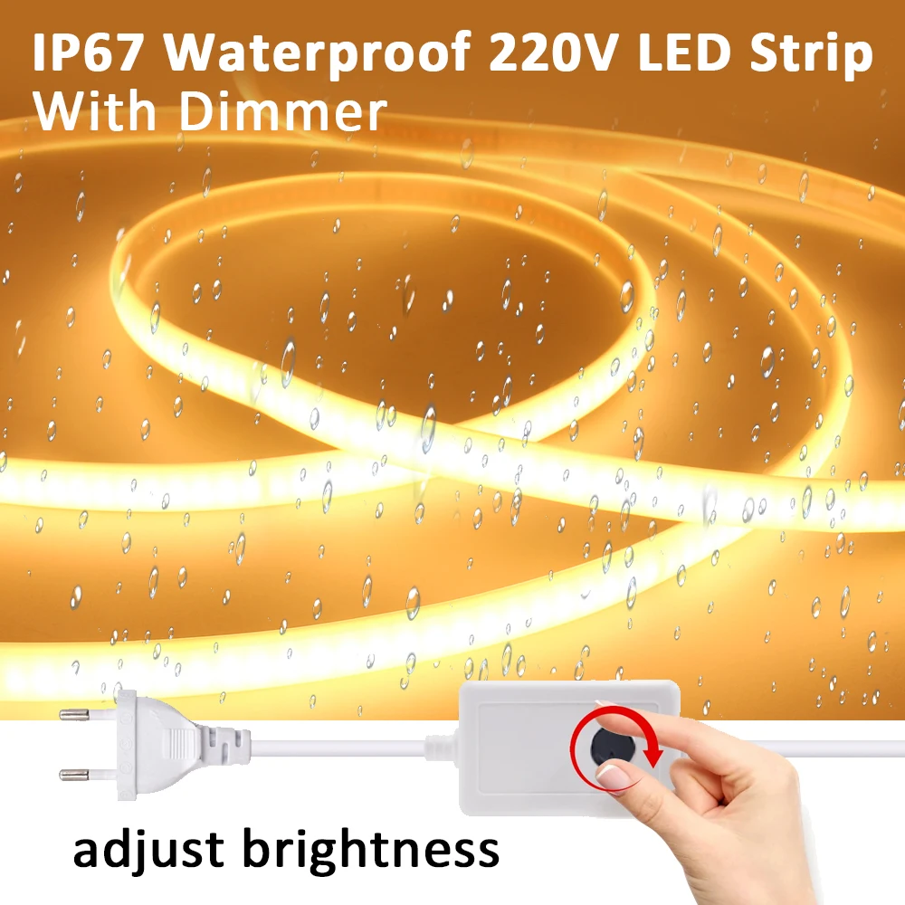 IP67 AC220V COB LED Strip Light Waterproof Flexible Ribbon 3000K 4000K 6000K Tape Lamp Dimmer Switch Power Kit Outdoor Lighting