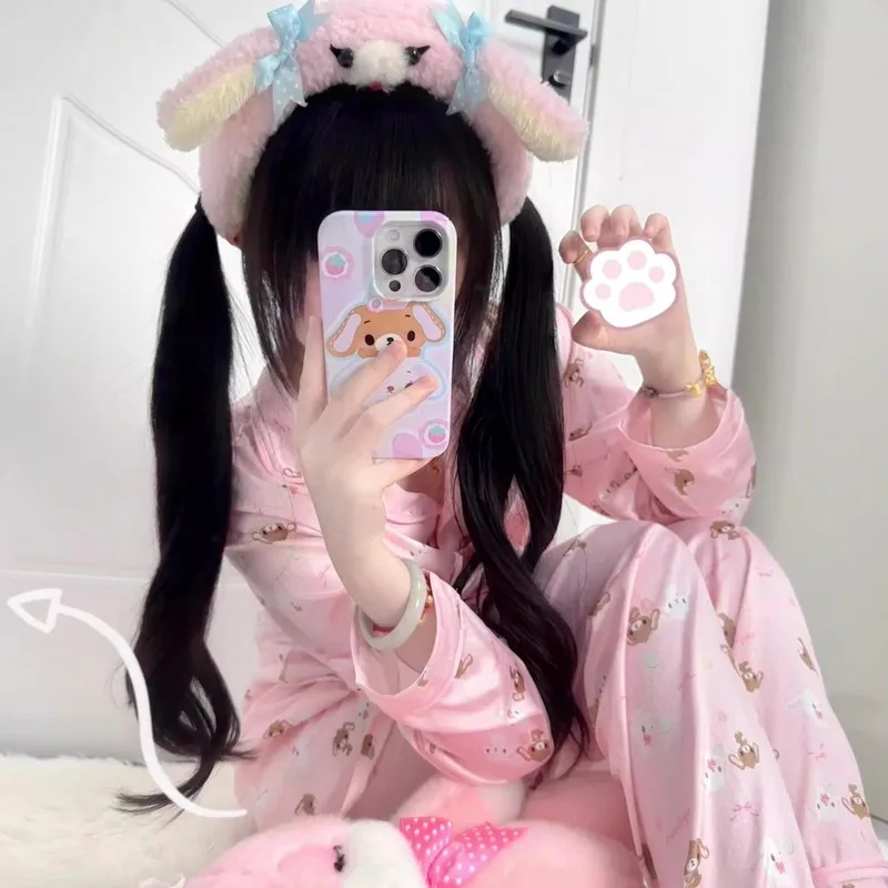 

Kawaii Sugarbunnies Rilakkuma Summer Pajamas Set Long Sleeve Cardigan & Trousers Cute Pink Bunny Cartoon Print Home Wear Gift