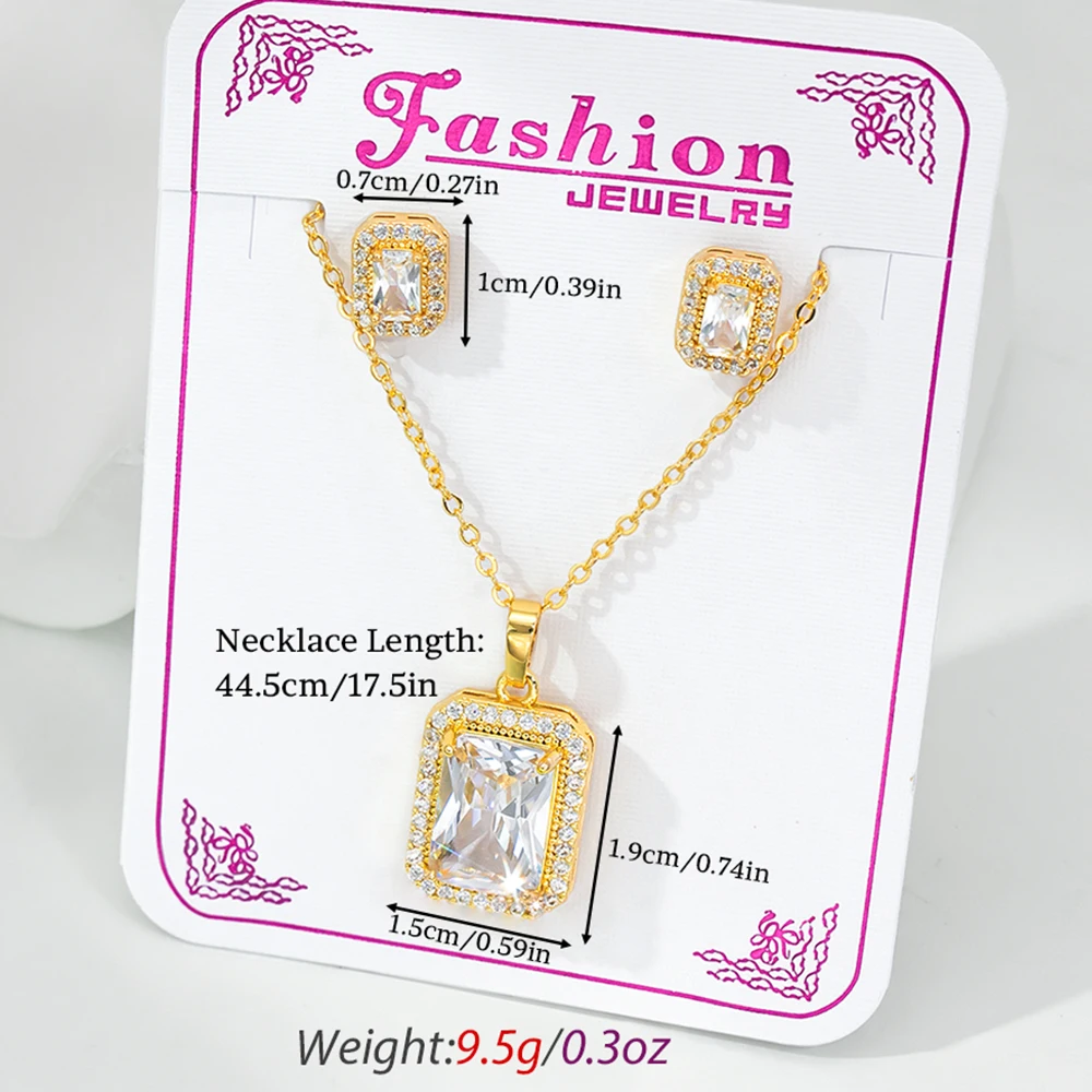 YTJX Luxurious Rectangular Cubic Zirconia Jewelry Set Square Halo CZ Stud Earring Tarot Card Pendant Necklace Fashion Jewelry