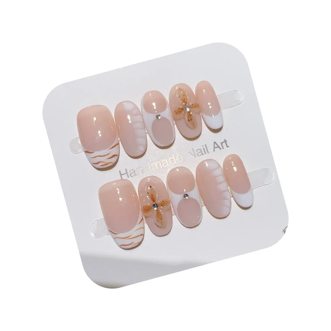 10pcsHandgemaakte korte ovale Y2K druk op nagels naakt roze krokodilpatroon 3D snijwerk bloemontwerp zoete coole nepnagels draagbaar