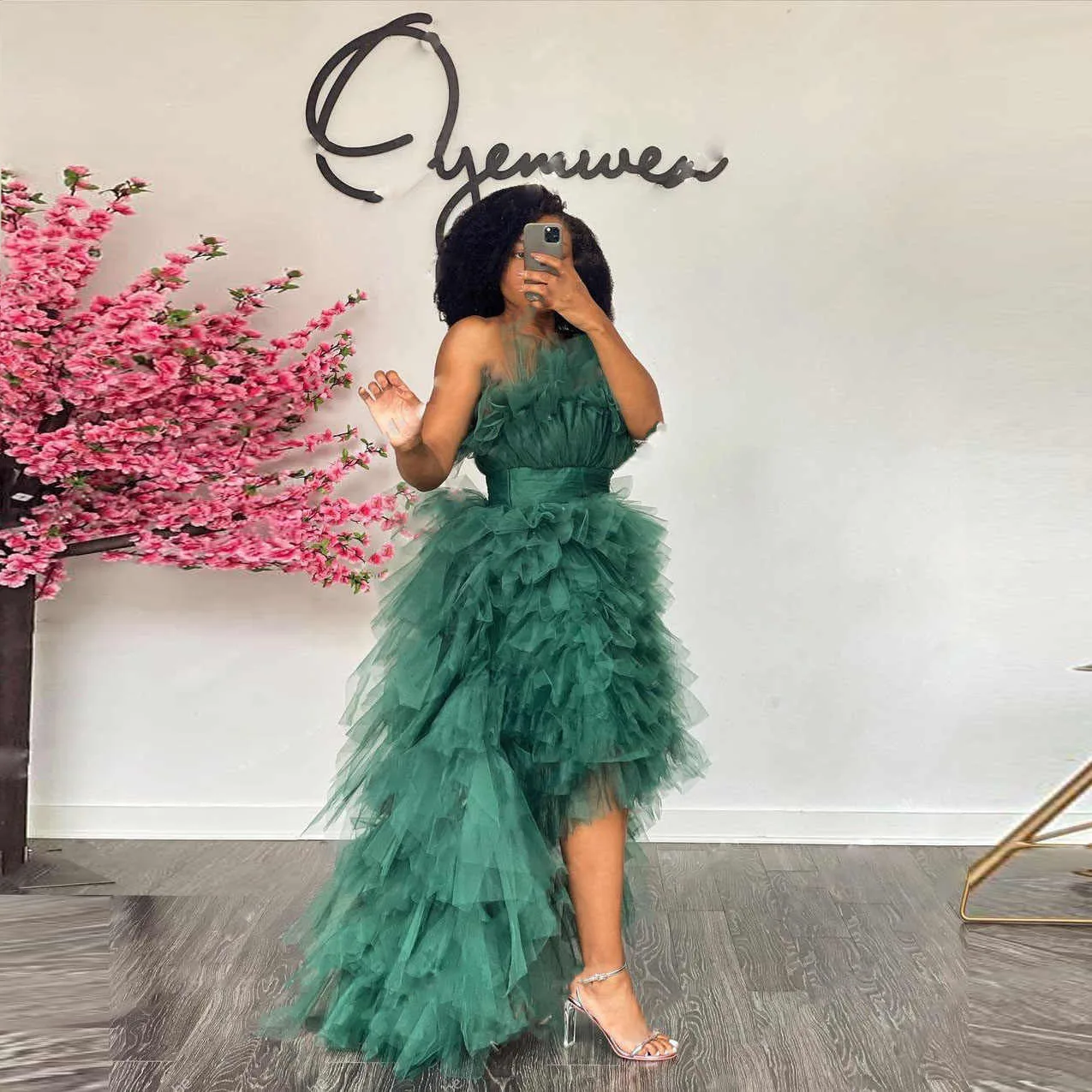 Hunter Green Party Dress Puffy Off Shoulder Sleeveless Ruffle Maxi Dress Party Evening Elegant Women Dresses Strapless High Low