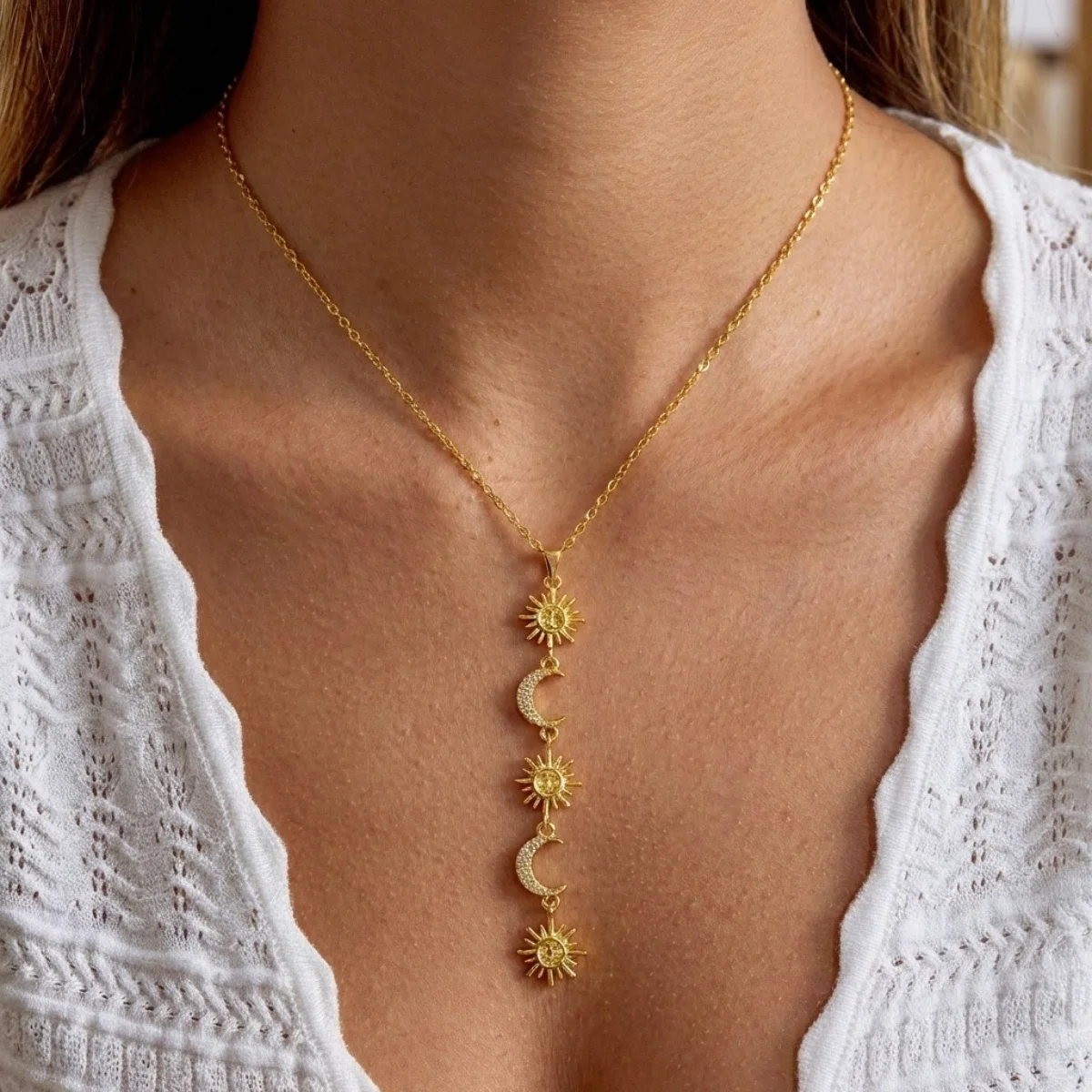 Glänzende Zirkon-Halskette mit geometrischen Verbindungsstücken und Quasten aus Edelstahl für Damen und Herren, Herz, Auge, Wassertropfen, Sonne, Mond, Stern, Choker-Schmuck – Detail 22