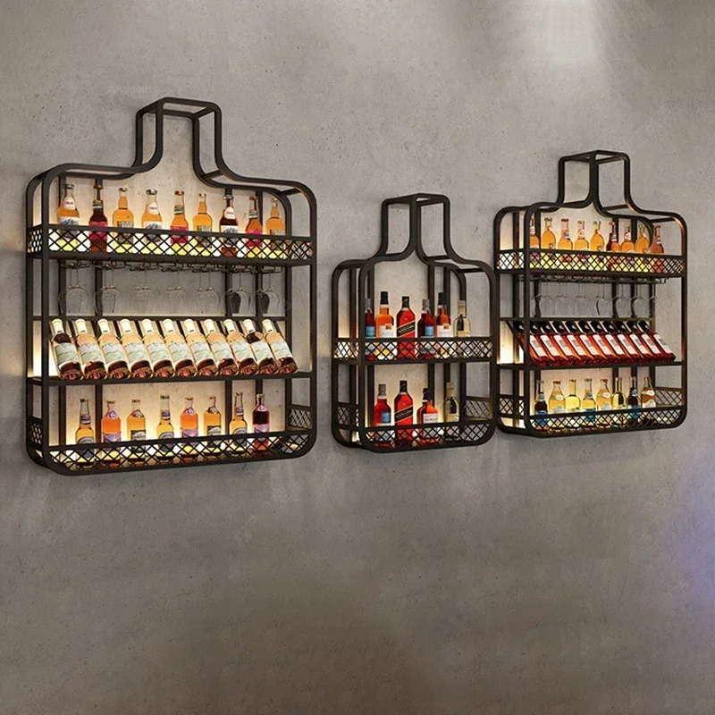 Modern Iron Bar Cabinets Wall Mounted Restaurant Wine Cabinets Creative Wall Wine Display Rack Luminous Wine Rack Furniture B