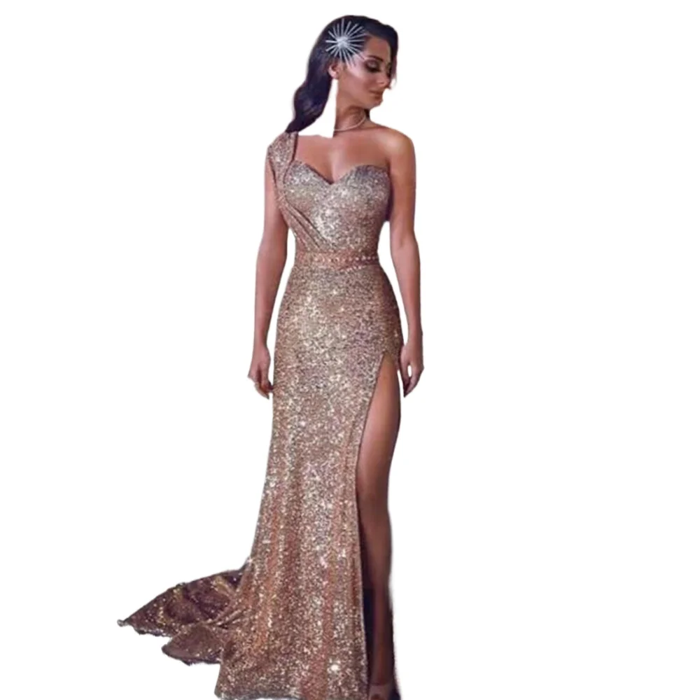 Mode Vrouwen Avondjurken Sweetheart Vloerlengte Een Schouder Mouw Lovertjes Zeemeermin Smart Vrouwelijke Banket Prom Jassen