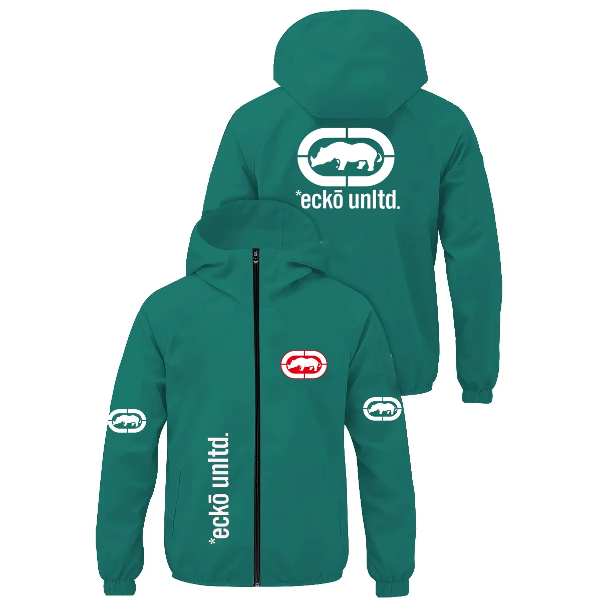 Men Ecko Unltd Rhino Logo Hooded Windbreaker Blue‑White Color Block Zip‑Up Jacket Hip‑Hop Streetwear Casual Outerwear