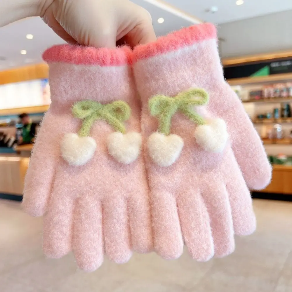 

Cute Cherry Kids Knitted Gloves Thickened Winter Warm Children Full Fingers Gloves Plush Outdoor Sports Windproof Gloves