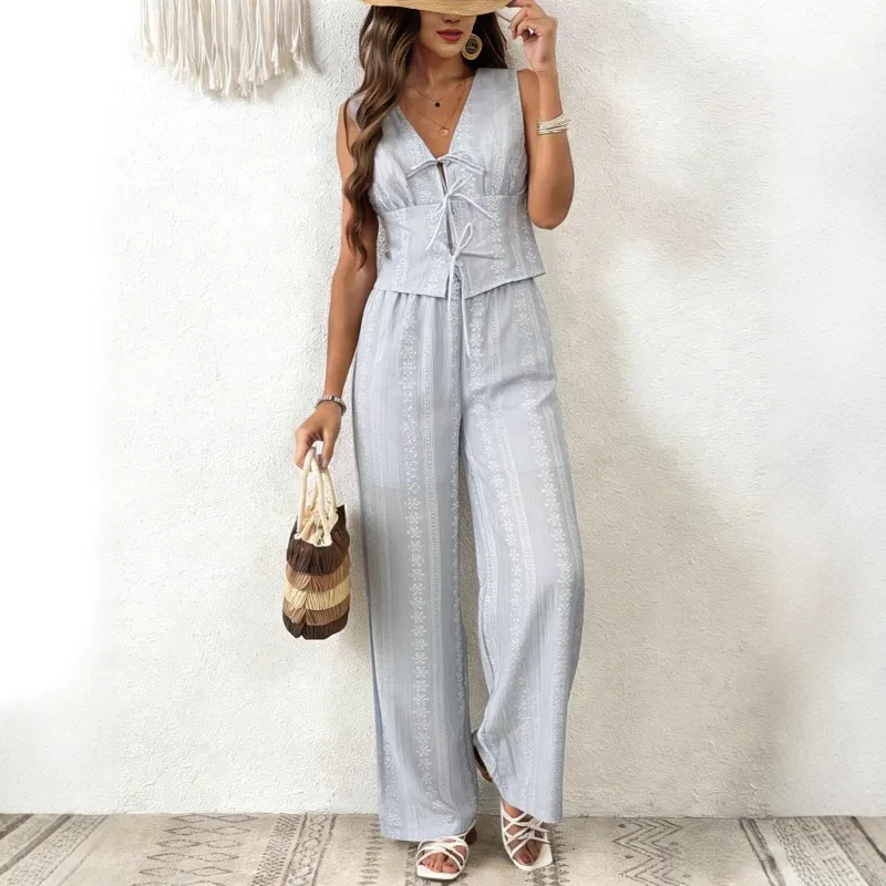 A New Two-piece Solid Color Set of Sleeveless, Versatile, Lace-up Waistcoat Straight-leg Wide-leg Pants From Europe and America