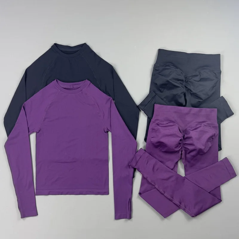 2-teiliges Gym-Set für Damen: Rundhals-Shirt mit Daumenlöchern, Langarm, Slim Crop Shirt, Scrunch Butt Leggings, Dehnbarer Weicher Yoga-Pilates-Anzug – Detail 5