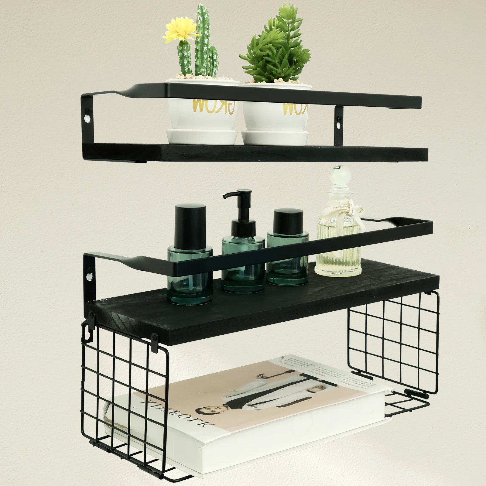Floating Shelves Wall Mounted Bathroom Shelves with Paper Storage Basket Wooden Wall Shelves with Protective Metal Guardrail for