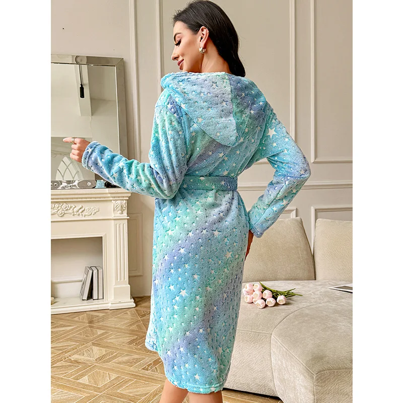 autumn Winter Loose blue long Rest Nightgown Coral Fleece Bathrobe Women Hooded Warm Kimono Bath Robe Cozy Kimono Shower Robes 2