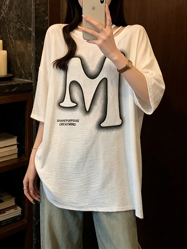 

Summer New plus Size Women's T-shirt Cute Personality Little Shoulder Exposure Short Sleeve Loose Casual Top Breathable Skin-...