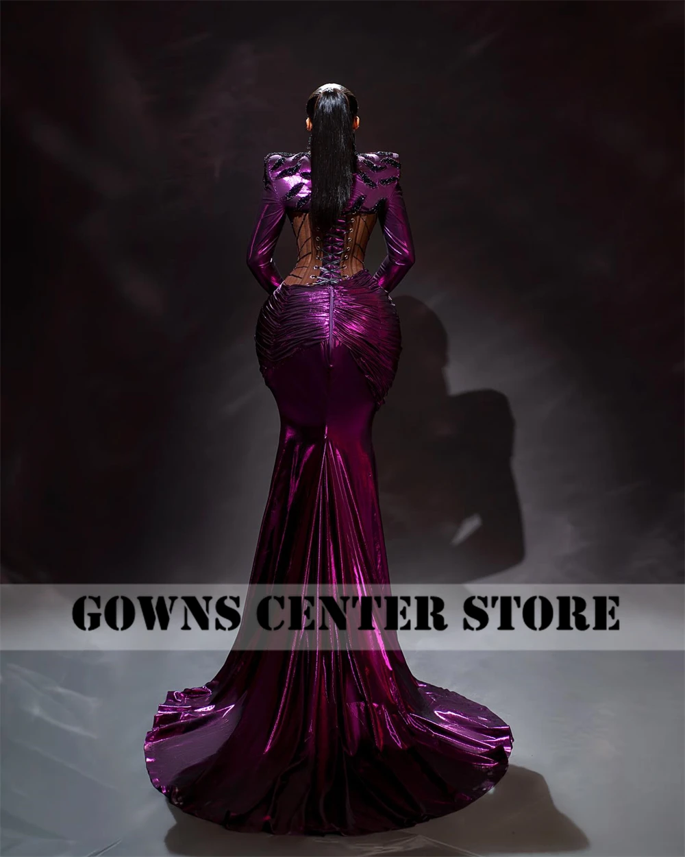 فساتين سهرة ممتازة أرجوانية بأكمام طويلة حورية البحر Aso Ebi شفافة من خلال مشد فساتين حفلات أفريقية أنيقة 2024 حسب الطلب #4