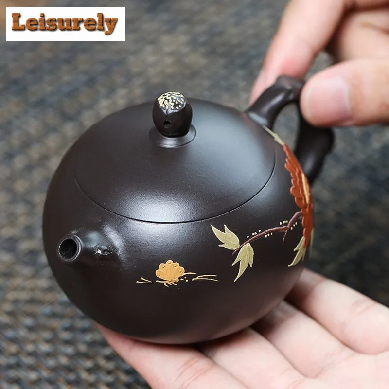 200ml Retro Yixing Purple Clay Teapots Handmade Clay Painting Xishi Pot Raw Ore Black Mud Kettle Chinese Zisha Teaset Craft Gift