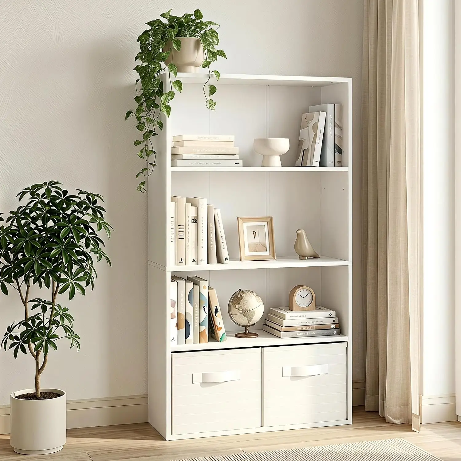 4-Tier Bookshelf with 2 Fabric Storage Cubes, Tall Bookcase with Adjustable Shelves & Anti-Toppling Device, Stable Freestanding Display Storage Shelf for Living Room, Bedroom, Home Office, White