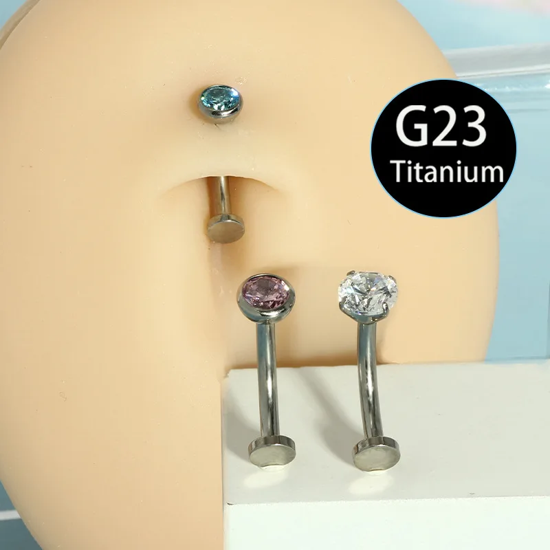Round Zircon Navel Nail Flat Bottom Curved Rod Navel Ring G23 Titanium Alloy Internal Thread Belly Piercing 14G Body Jewelry