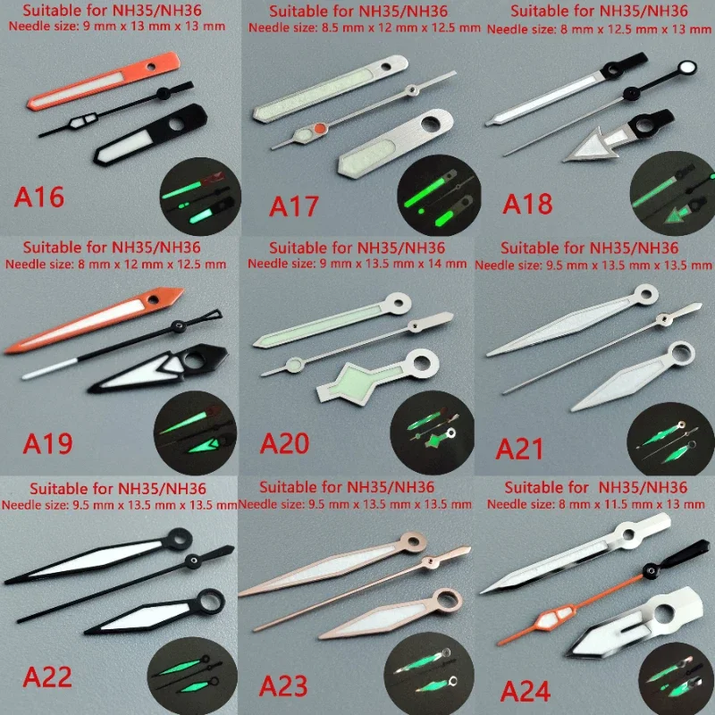 Аксессуары для наручных часов, указка NH35, стрелки для наручных часов, зеленый супер светящийся, подходит для движения NH36, стальной ремешок Roxe 904L