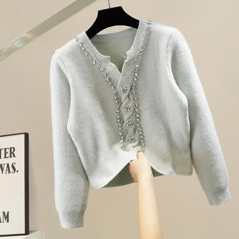 

Retro Heavy Embellied Diamond Single-Button Open Cardigan Faionable Mink Velvet Loose Top Trendy Women's Sweater
