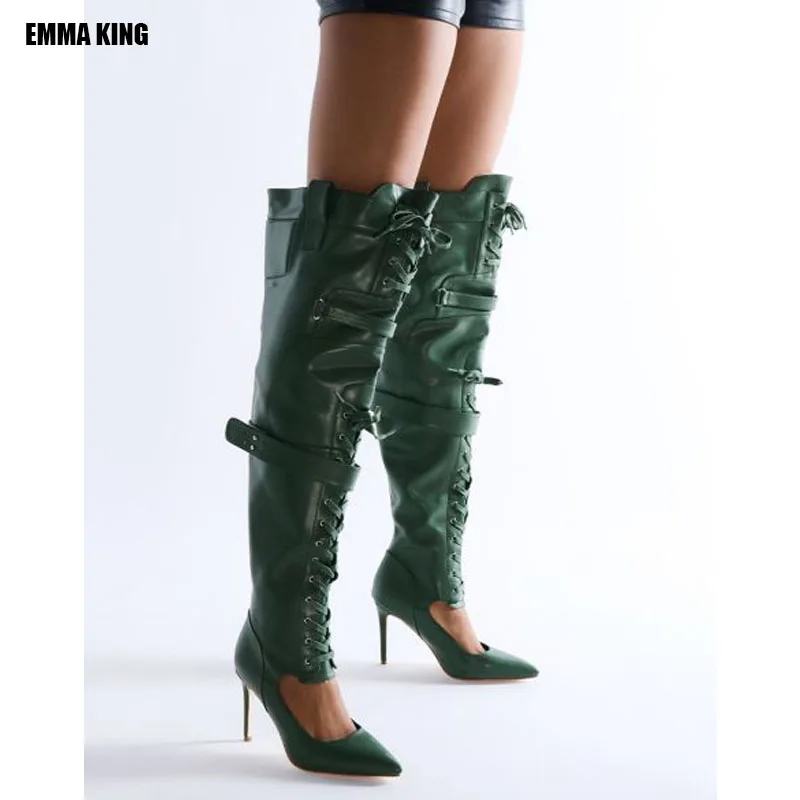 Dark Green Lace Up Boots Thin High Heel Over Knee High Fashion Sexy Summer Casual Big Size Woman Shoes Zapatillas Mujer