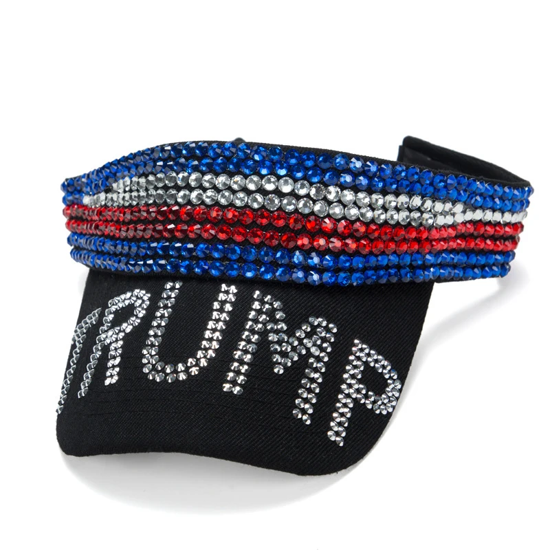 

Election Day 2024 Trump Fans Gift American Flag Adjustable Bling Empty Top Hat MAGA Hat Sparkling Rhinestone Diamond Sun Visor