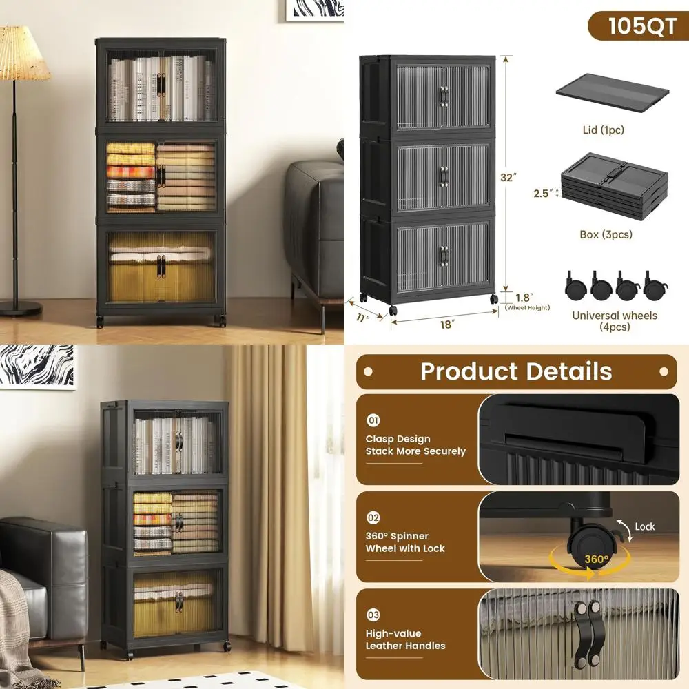 

Складные контейнеры для хранения с крышкой, 18Ш x 11Г x 32В, черные органайзеры и коробки для хранения в шкафу