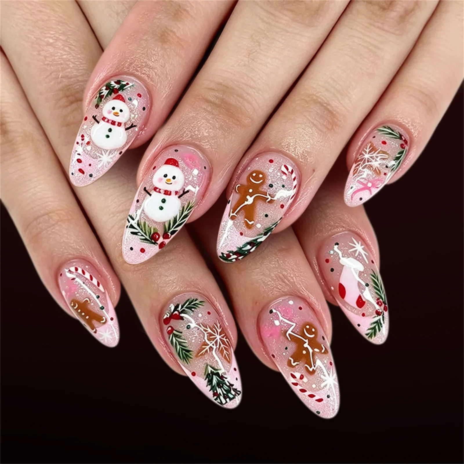 24pcs Nude Color False Nails Snowman Xmas Tree Gingerbread Man Cane Design Press On Nails Christmas Pink French Almond Fake Nail