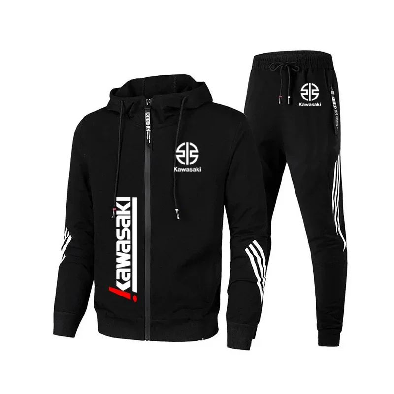Kawasaki Motorcycle Racing Men's Hooded Jacket Pants Set Spring and Autumn Leisure 2025 New Men's Zipper Sportswear Pants Set