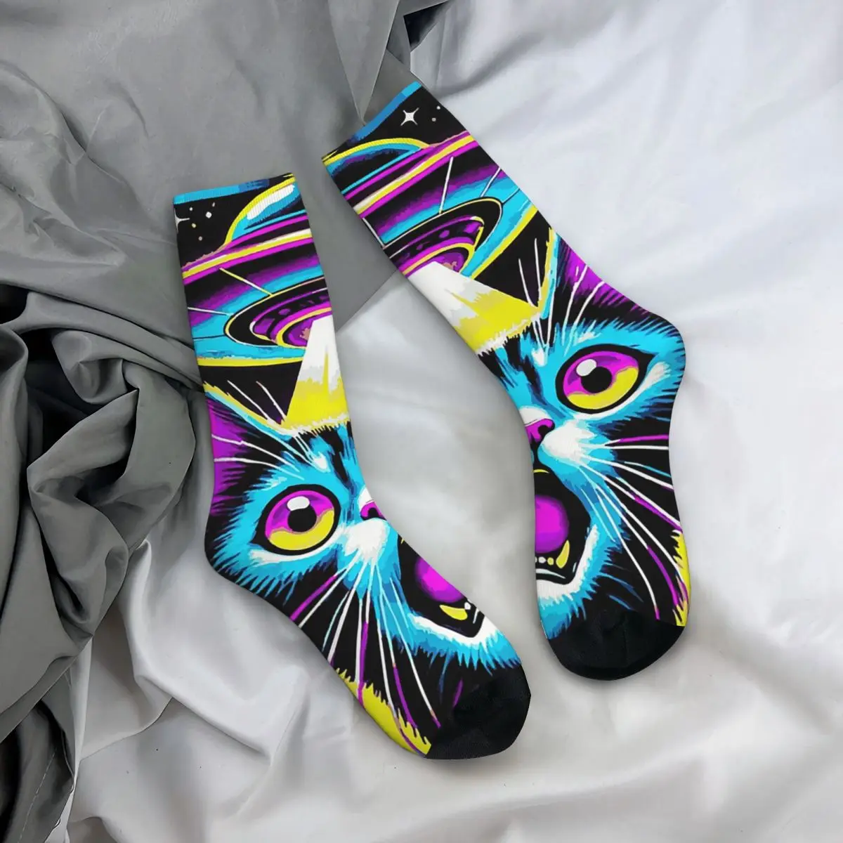 

Веселые носки с принтом кошки, НЛО и пилы, модные длинные носки для мужчин и женщин, подарки на День святого Валентина, на все сезоны