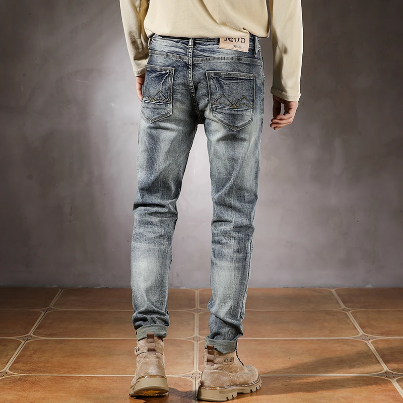 2025 Spring Autumn Trendy Ripped Hole Distressed Washed Denim Jeans for Men American Vintage Casual Slim Fit Stretch Pants