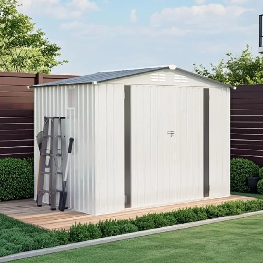 

Outdoor metal storage shed with clear window and double lockable door, galvanized steel construction, gray finish, all-weather