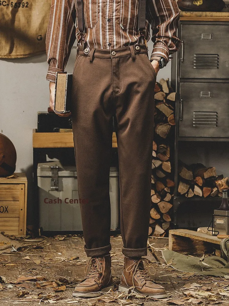 

Classic American Retro Tweed Casual Pants Men's Sir Gentleman Vintage Sle Polyester Blend Straight Leg mid Waist Jeans
