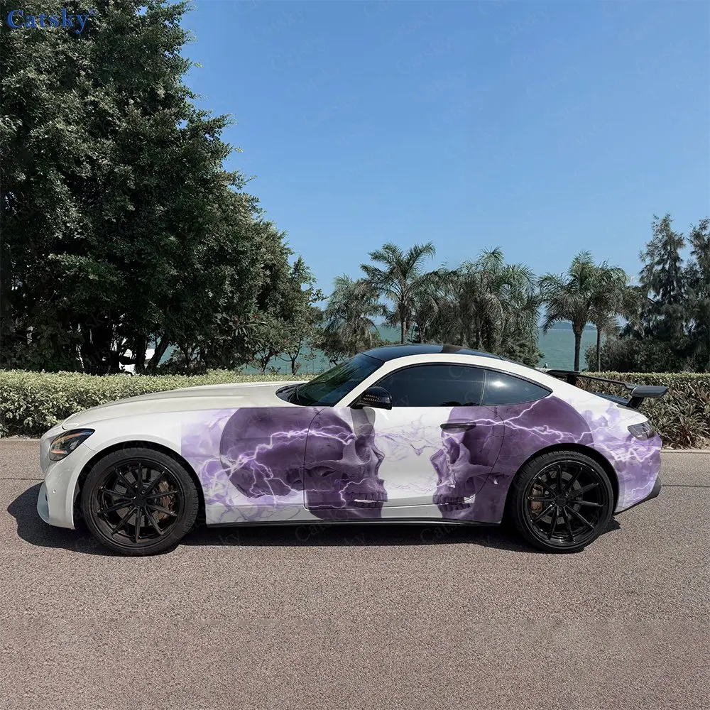 2pcs Skull Bright Purple Lightning Car Side Wraps, Self-Adhesive PVC Waterproof & Scratch-Resistant Stickers, Car Accessory Gift