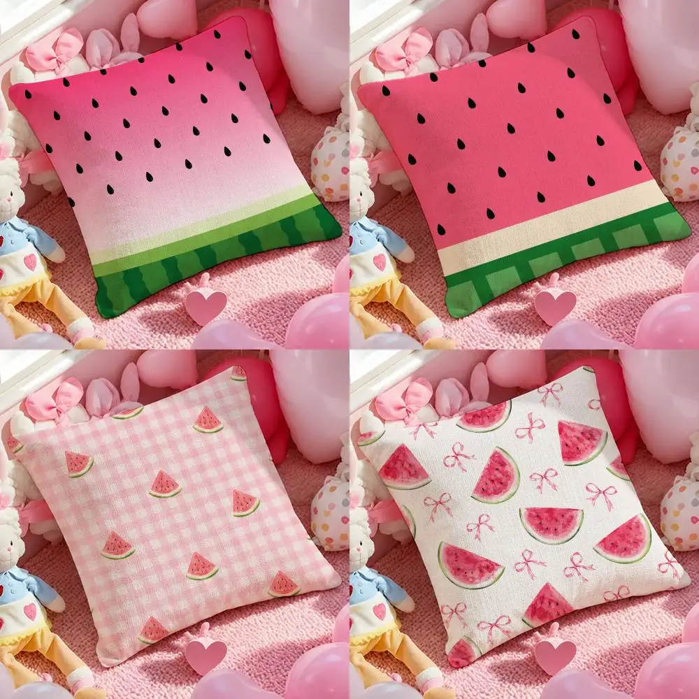 Art Cartoon Cute Watermelon Cushion Cover Pink Linen Textured Double Sided Cushion Cover with Invisible Zipper for Home Decor
