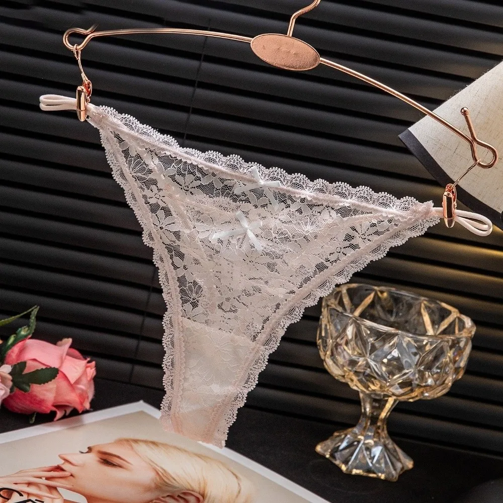 Fashion Transparent Lace Thong Women Sweet Style Hollow Out Seamless Underwear Mesh Thin Strap Lace Bow Underpants Women
