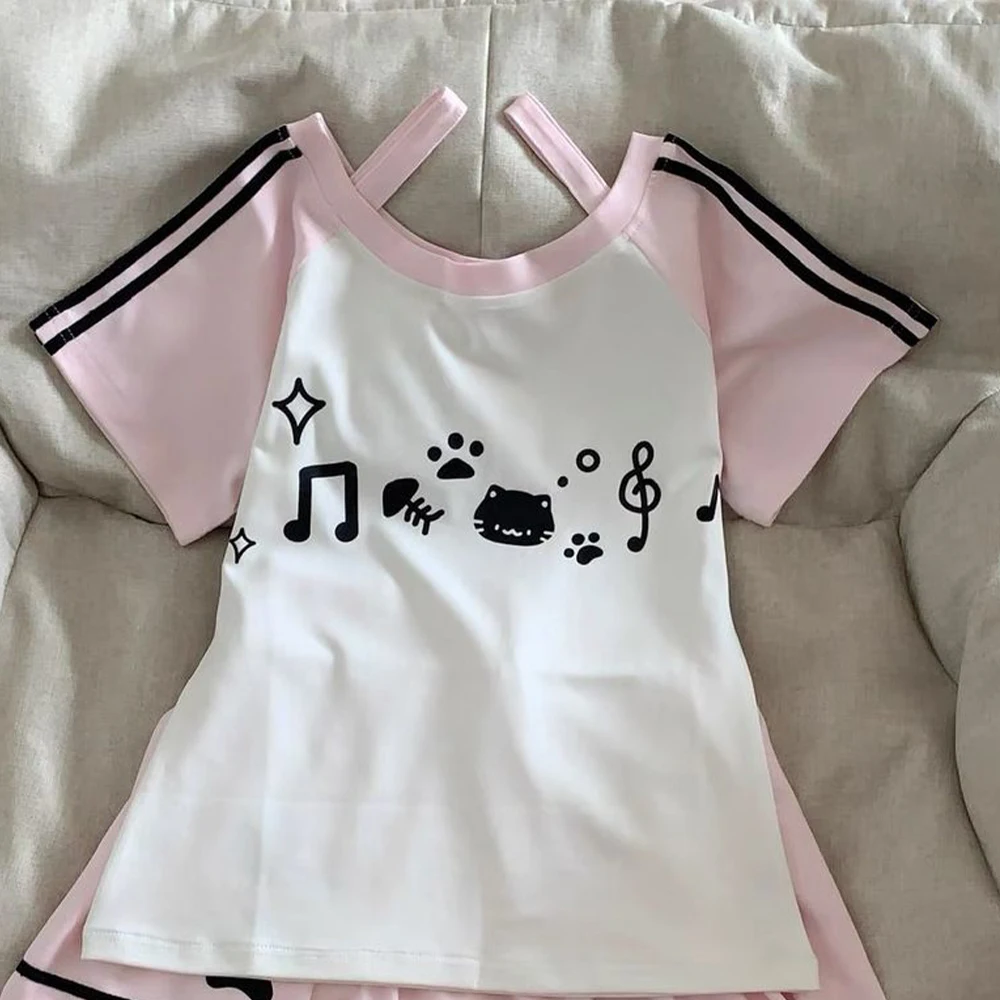 Japanese Cartoon Printed T-Shirt 2026 Summer Patch Kawaii Women's Casual Loose Top Y2K Aesthetic Contrast Color Garbage T-Shirt
