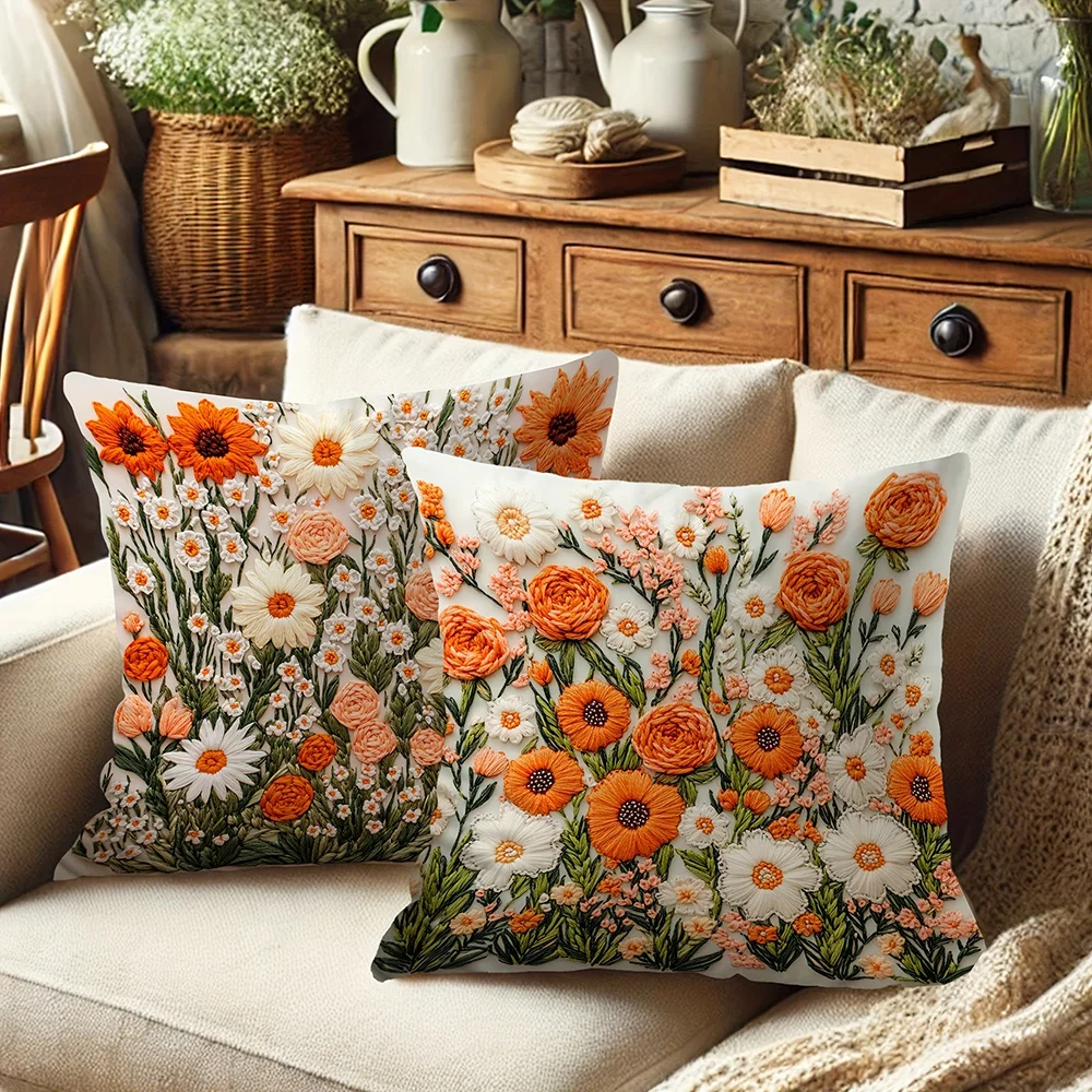 Floral  Embossed Pillowcases: Vivid Orange and White Flower Arrangement Sofa cushion cover home room decoration 2D flat printing