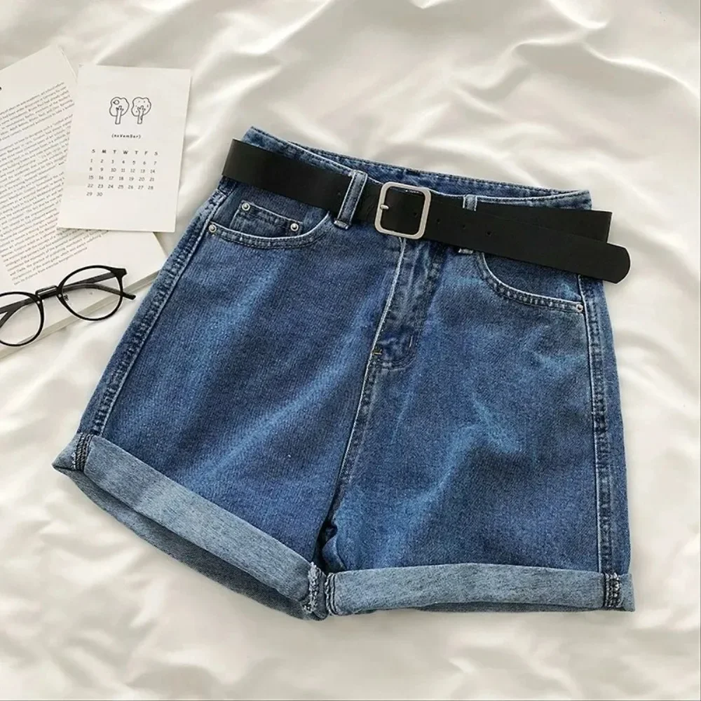 New Summer Women High Waist Wide Leg Denim Shorts Casual Female Loose Fit Streetwear Solid Color Straight Jeans Shorts