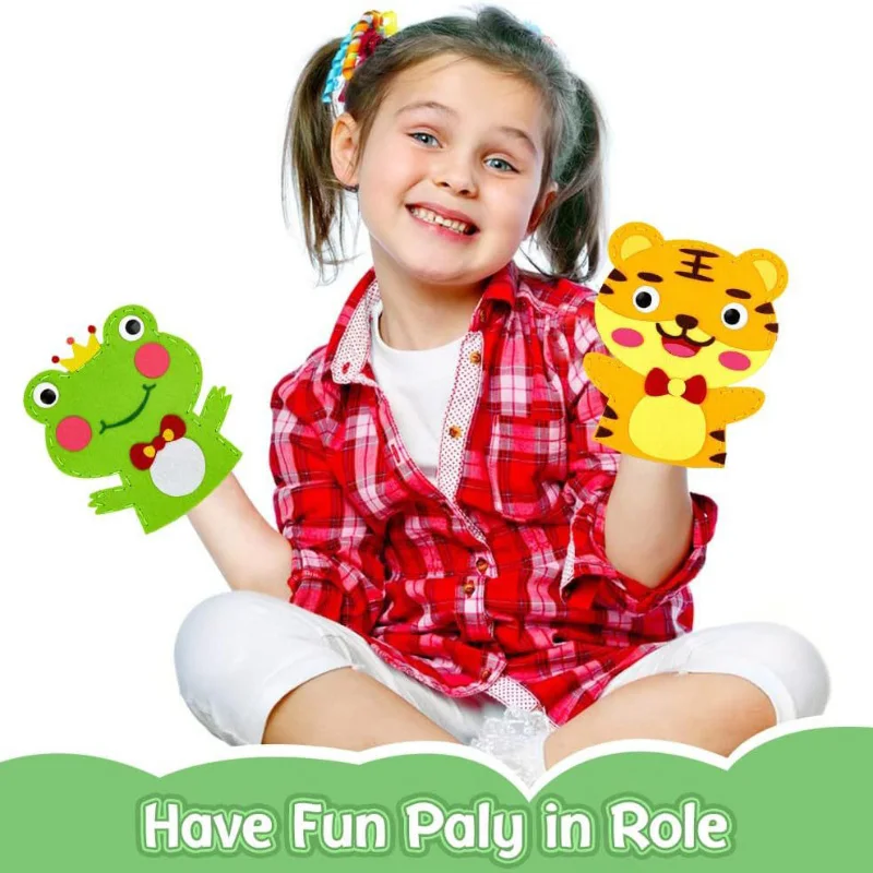Sewing Animal Hand Puppet Crafts Kit for Kids DIY Cartoon Lion Tiger Penguin Sheep Rabbit Non-woven Hand Doll Puzzle Toys Gifts