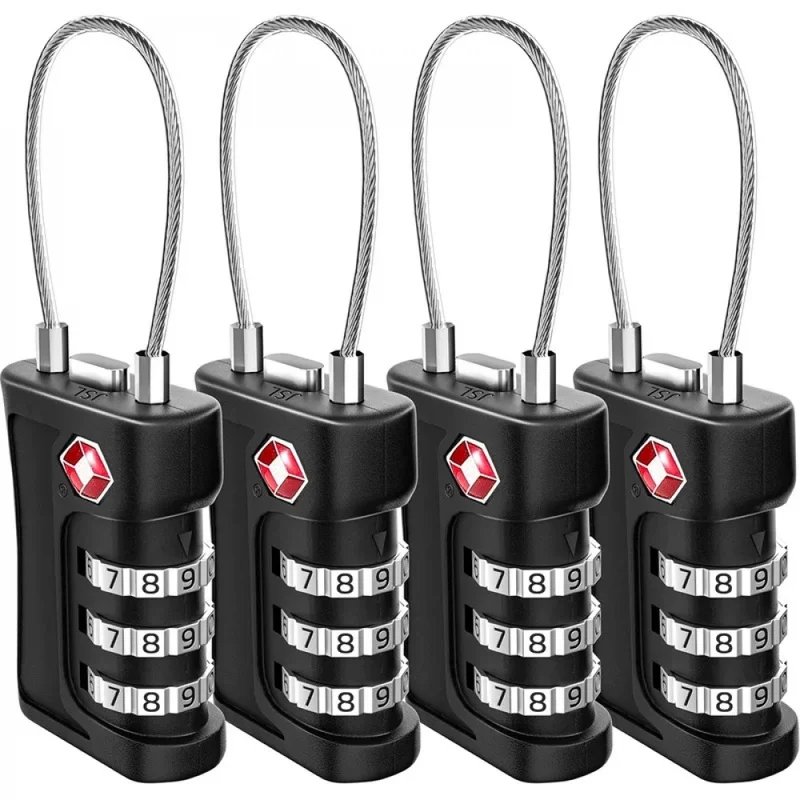 4 Pack TSA Customs Code Lock for Travel Luggage Password Changeable Black Lock Contrast Design Padlock 3 Digit Combination Lock