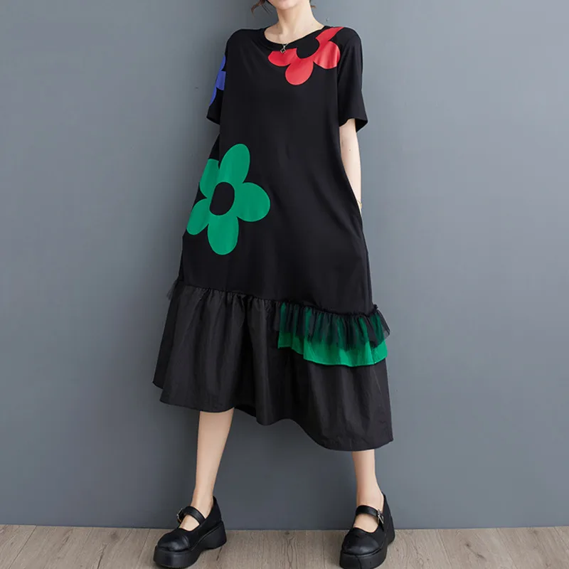 #3421 Flower Printed A-line Dress Women Black Long T Shirt Dress Short Sleeve Loose O-neck Korean Style Midi Dress Female Summer