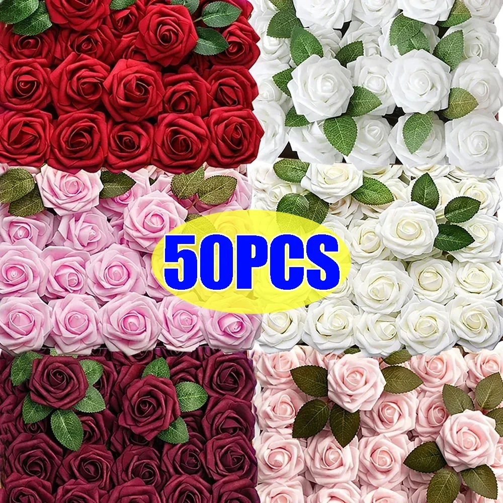 5-50Pcs Artificial Roses Flowers Foam Fake Rose Heads With Stems For DIY Wedding Bouquets Home Party Tables Decorations Supplies