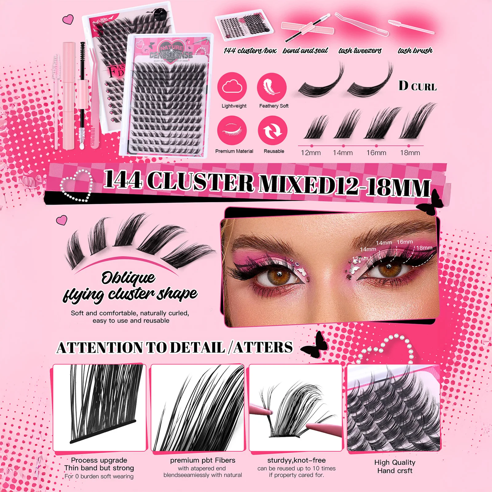 DIY wimper extenstie set gevleugelde Pluizige valse Wimpers Bond en seal Lijm Applicator Kit 12-18mm Individuele Clusters wimpers