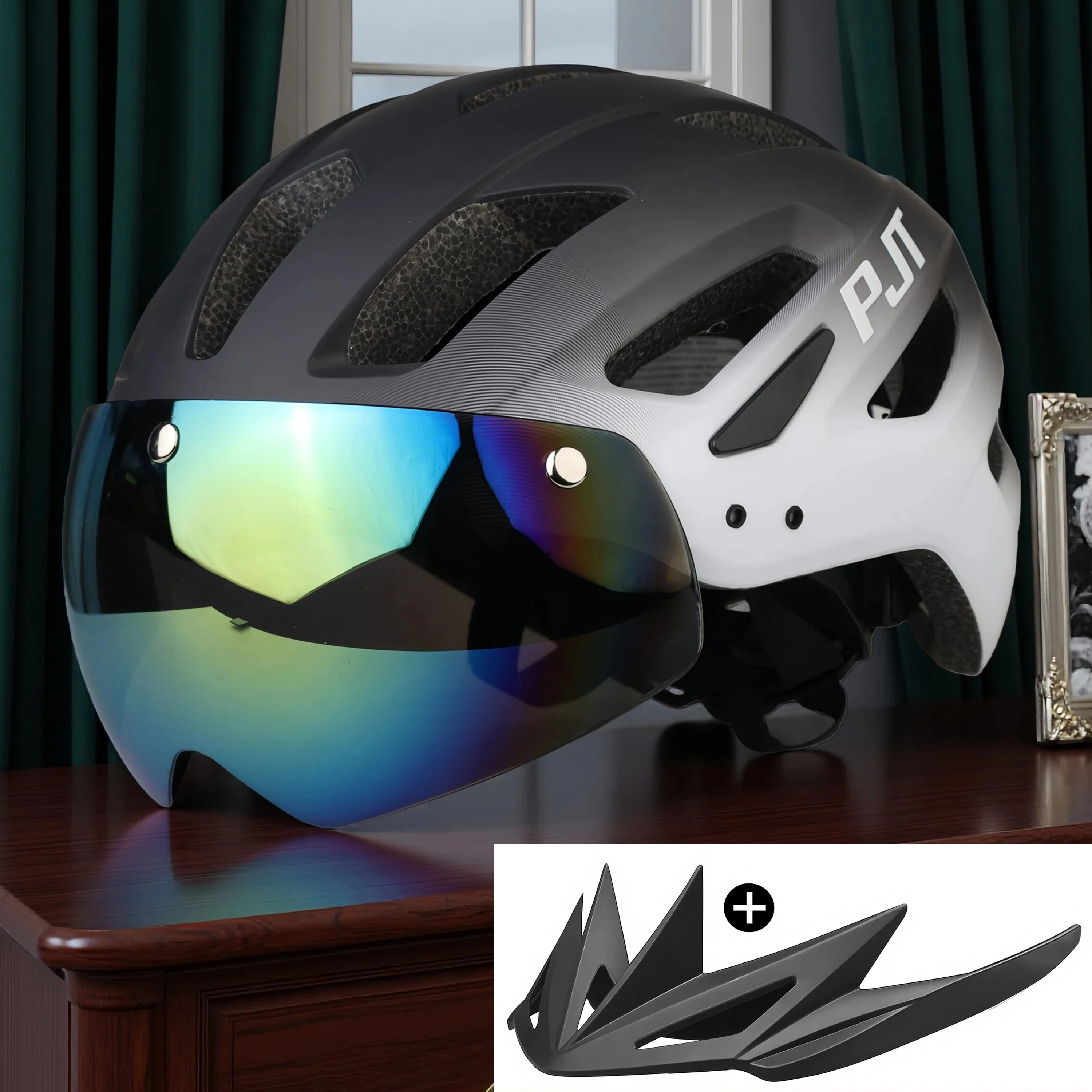 PJT Neuer Fahrradhelm mit Licht für Straße und MTB, Mountainbike-Brille / Sonnenschutz-Helm L für Männer und Frauen, Fahrradhelm mit Sonnenschutz