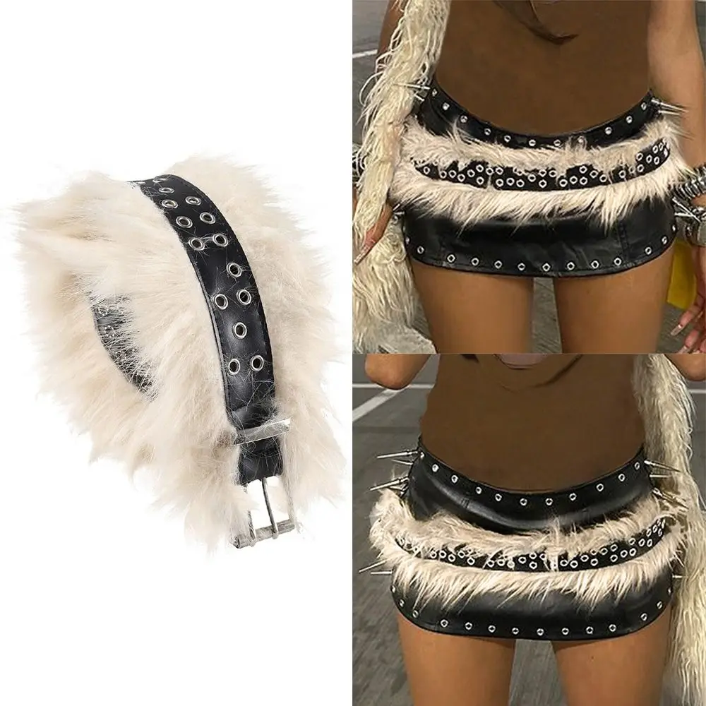 กางเกงยีนส์กางเกงตกแต่ง PU หนัง Punk Fur เข็มขัดโลหะ Studded Super Soft Hiphop กางเกงยีนส์เข็มขัด Y2K Warm เข็มขัด